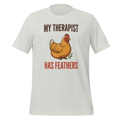 My Therapist Has Feathers funny chicken keeper tee — Silver, front