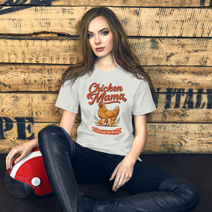 Chicken Mama raising my flock chicken keeper tee — Silver, on model