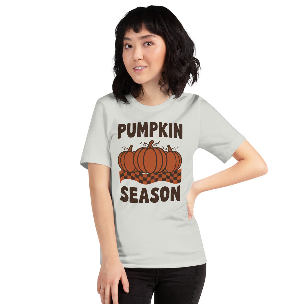 Pumpkin Season retro 70s fall t-shirt — Silver, on model