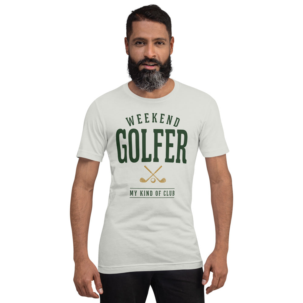 Weekend Golfer vintage golf wordmark tee — Silver, on model