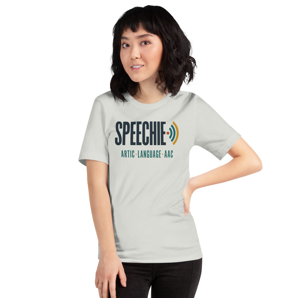 Speechie Wordmark speech therapy tee — Silver, on model