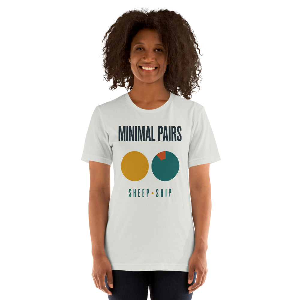 Minimal Pairs speech therapy tee — Silver, on model