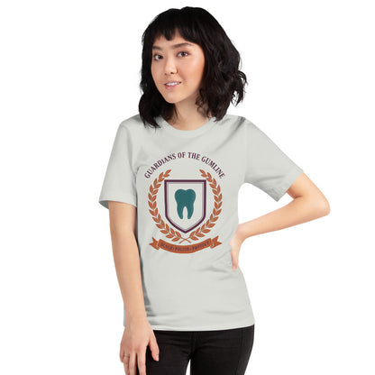 Guardians of the Gumline dental hygienist tee — Silver, on model