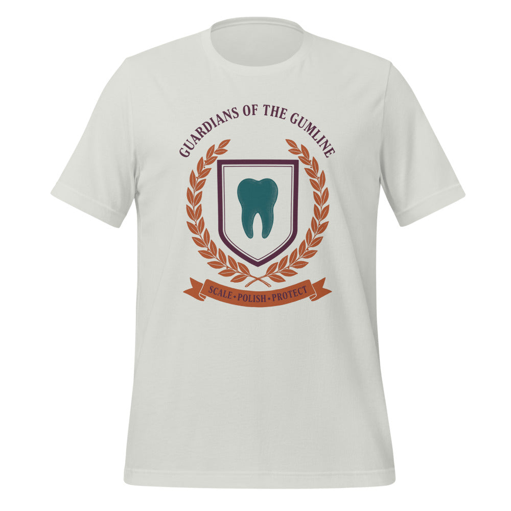 Guardians of the Gumline dental hygienist tee — Silver, front