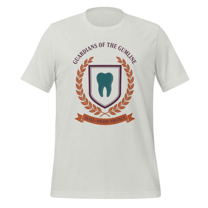 Guardians of the Gumline dental hygienist tee — Silver, front
