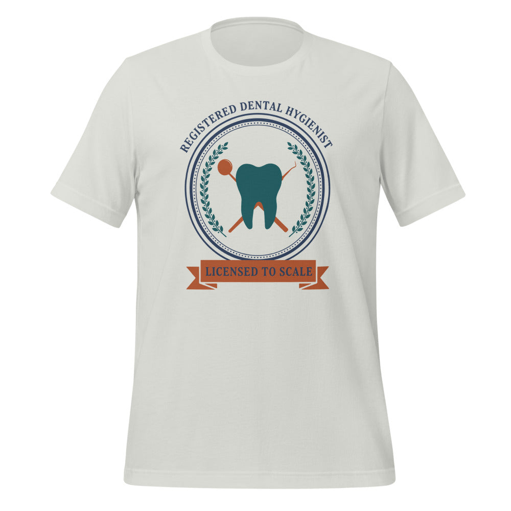 Licensed to Scale registered dental hygienist tee — Silver, front