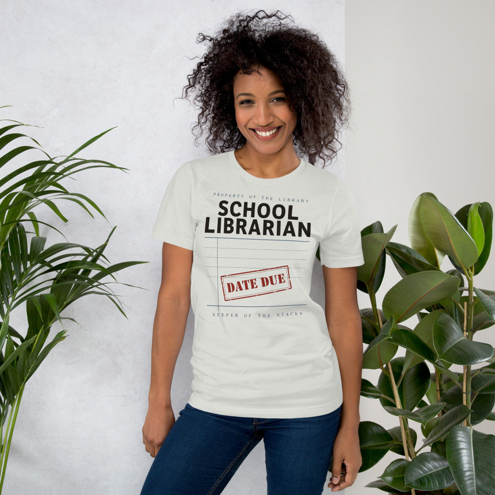 Property of the School Library card catalog school librarian tee — Silver, on model