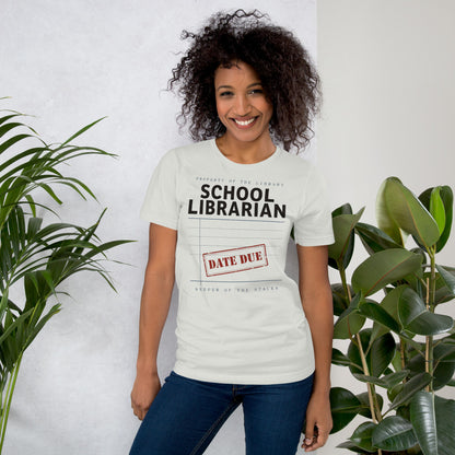 Property of the School Library card catalog school librarian tee — Silver, on model