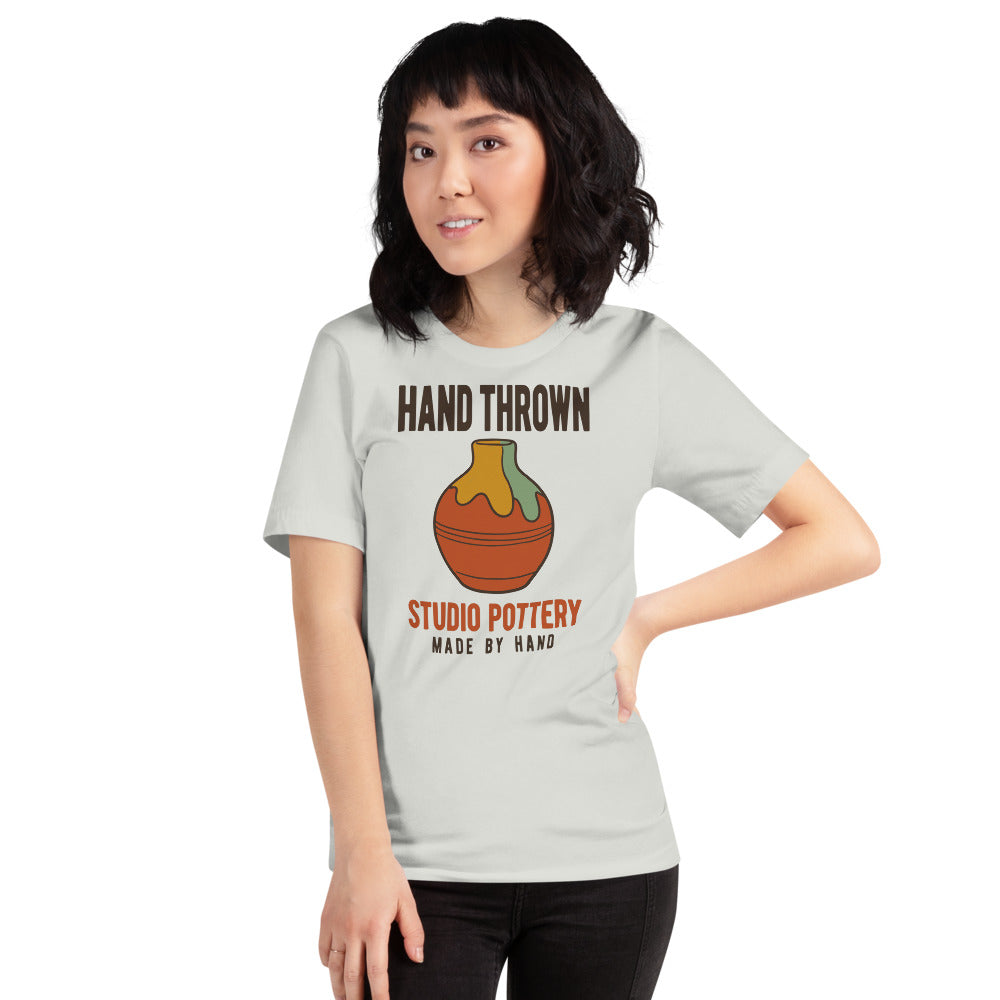 Hand Thrown Studio Pottery retro poster t-shirt — Silver, on model