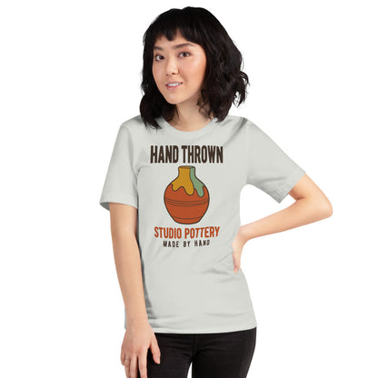 Hand Thrown Studio Pottery retro poster t-shirt — Silver, on model