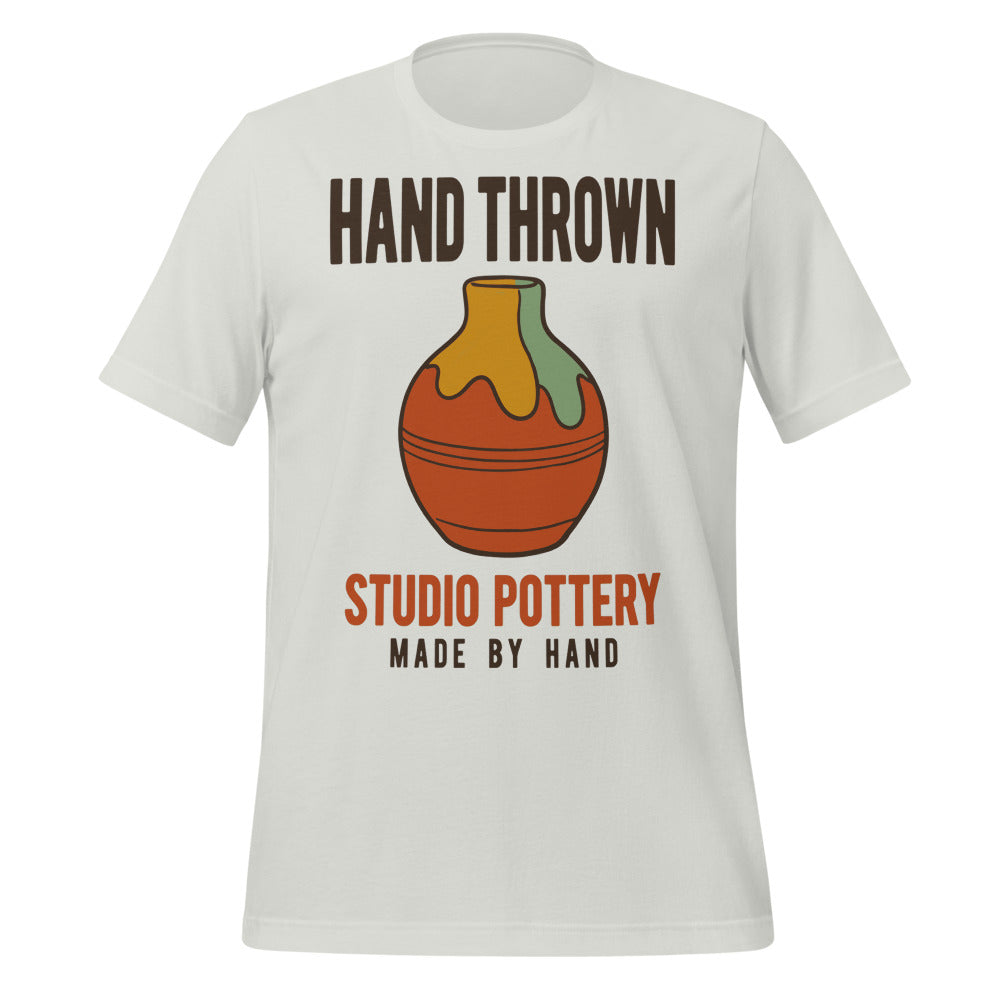 Hand Thrown Studio Pottery retro poster t-shirt — Silver, front