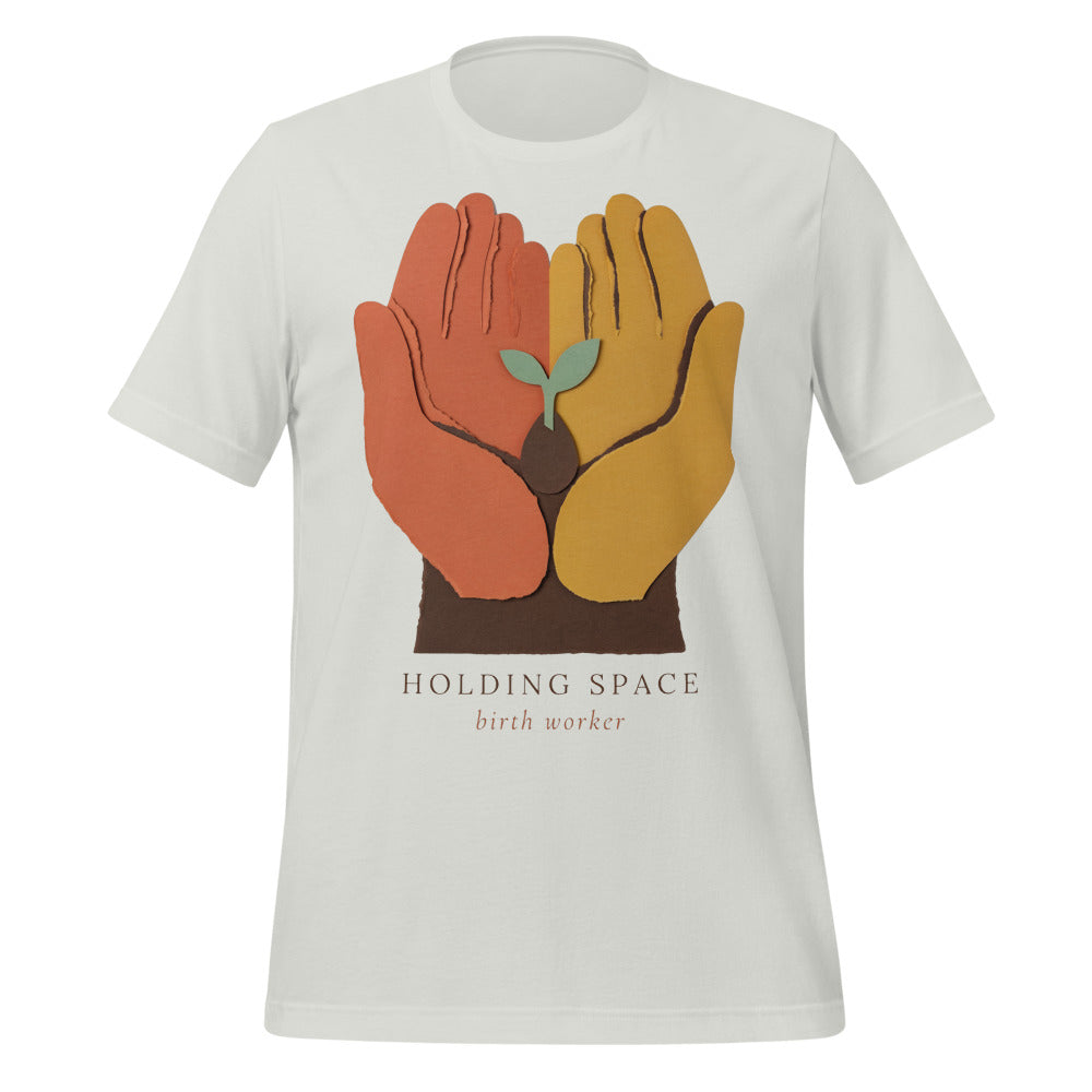 Holding Space birth worker doula t-shirt — Silver, front