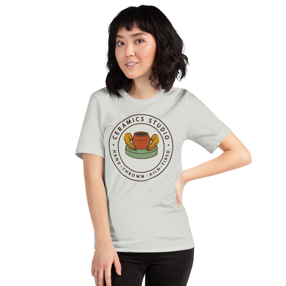 Ceramics Studio Badge hand-thrown pottery t-shirt — Silver, on model