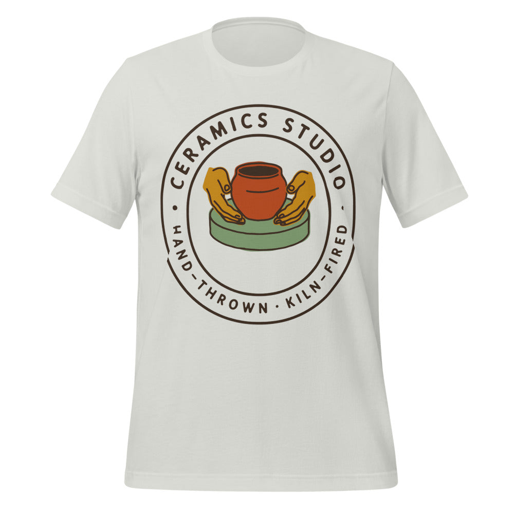 Ceramics Studio Badge hand-thrown pottery t-shirt — Silver, front
