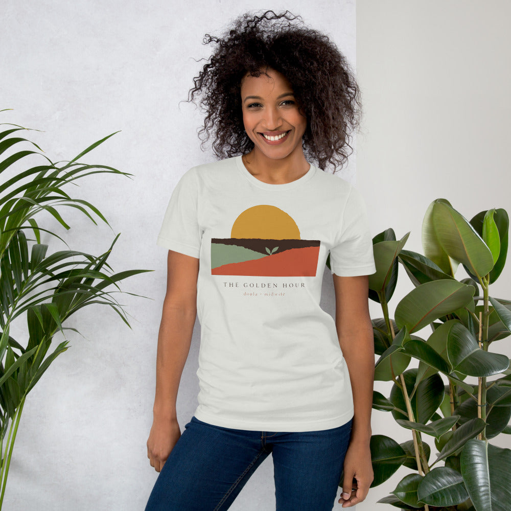 The Golden Hour birth worker doula t-shirt — Silver, on model