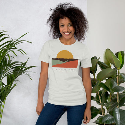 The Golden Hour birth worker doula t-shirt — Silver, on model
