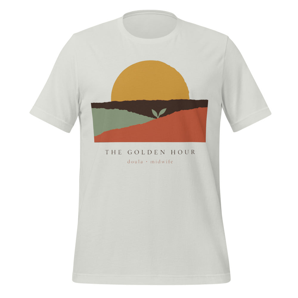 The Golden Hour birth worker doula t-shirt — Silver, front