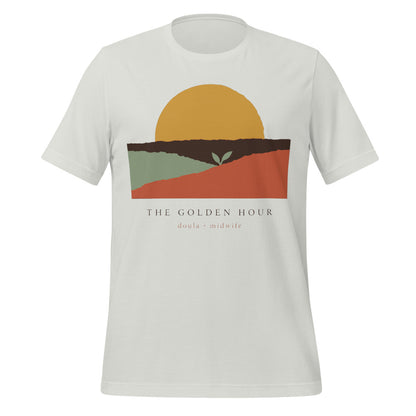 The Golden Hour birth worker doula t-shirt — Silver, front