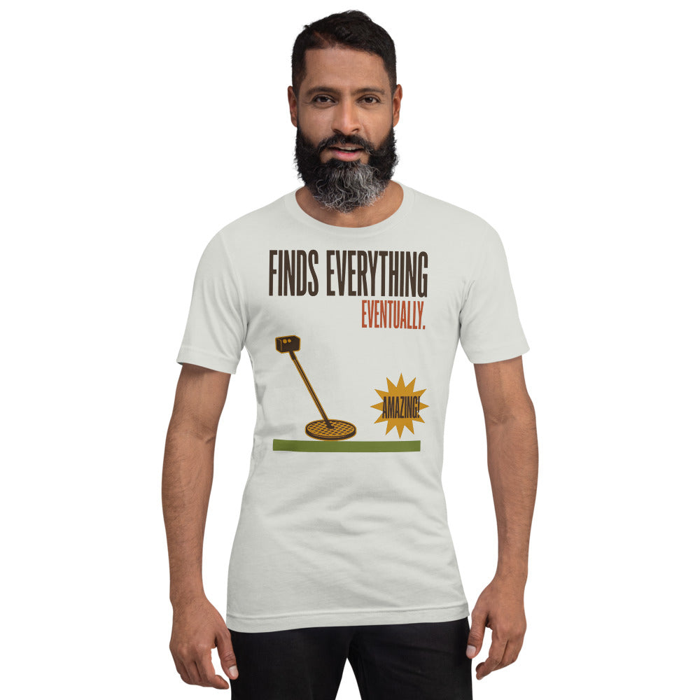 Finds Everything Eventually retro metal detecting tee — Silver, on model