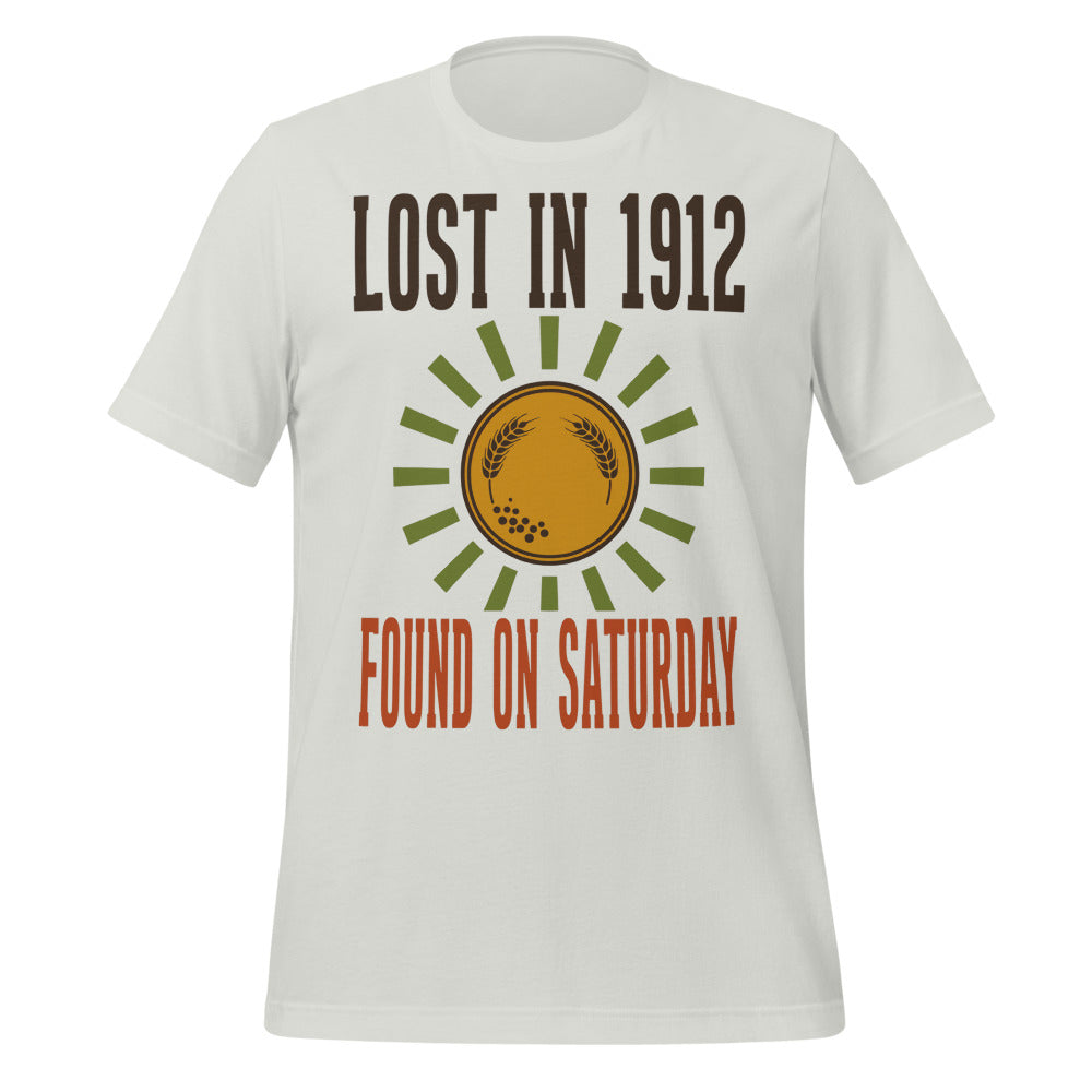 Lost in 1912 Found on Saturday retro metal detecting tee — Silver, front