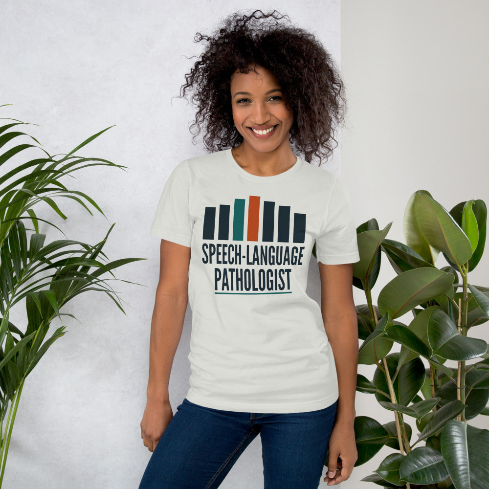 Mid-Century Clinic speech therapy tee — Silver, on model