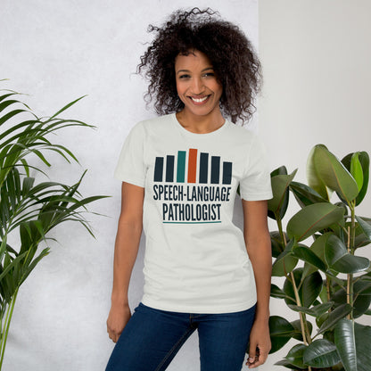 Mid-Century Clinic speech therapy tee — Silver, on model
