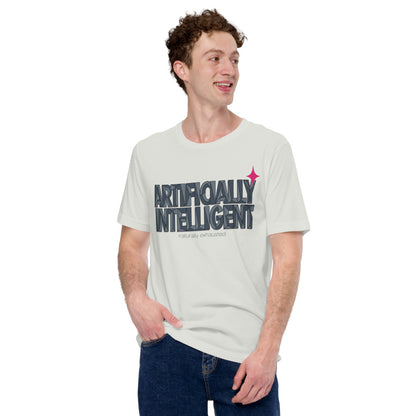 Artificially Intelligent funny AI t-shirt — Silver, on model