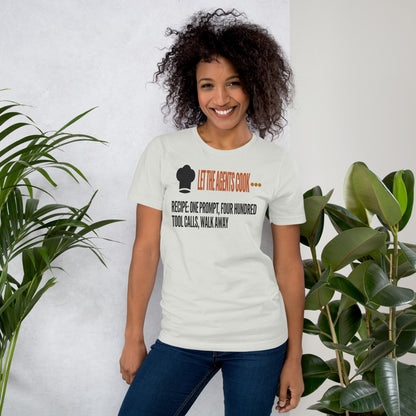 Let The Agents Cook tee — Silver, on model