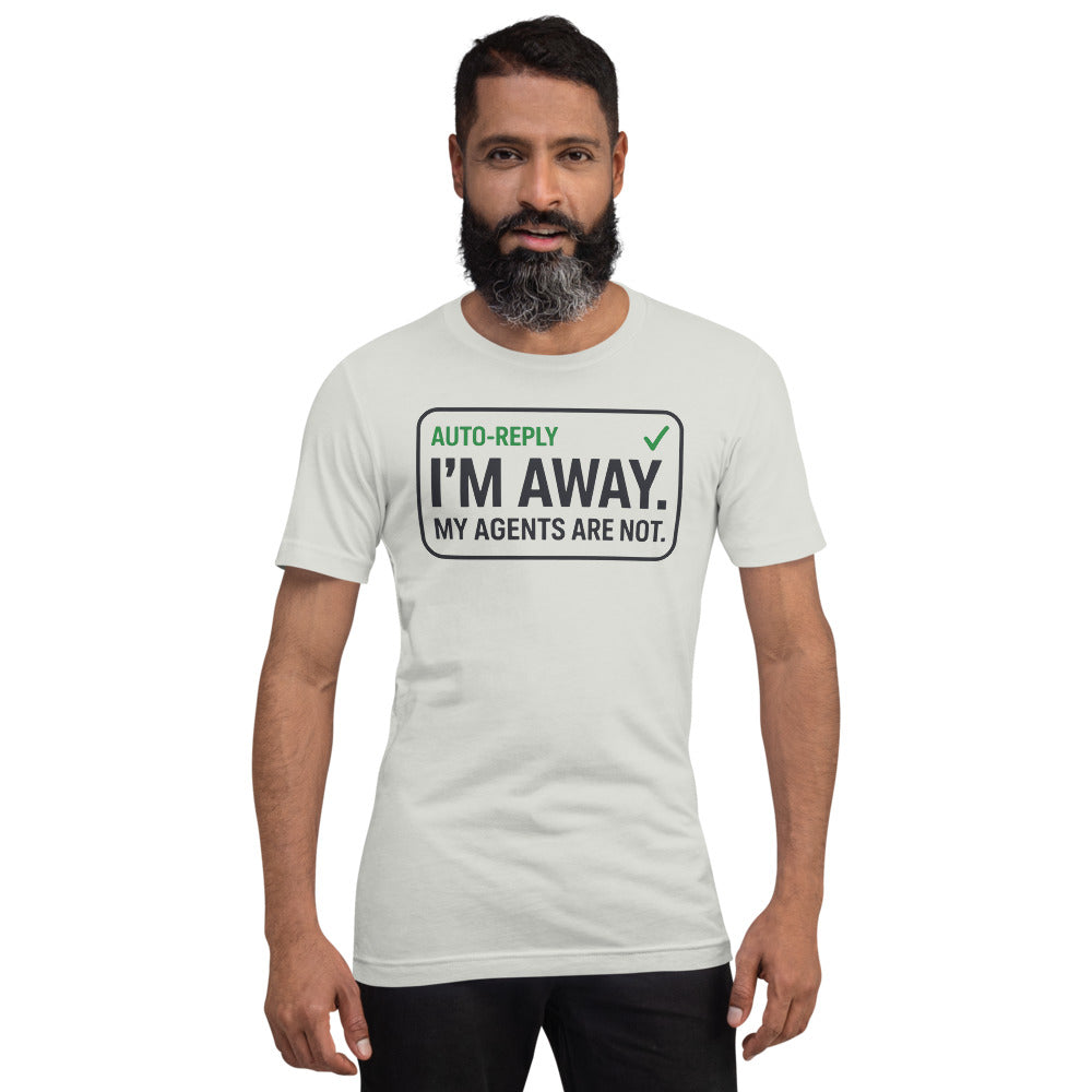Auto-Reply agentic AI engineer tee — Silver, on model