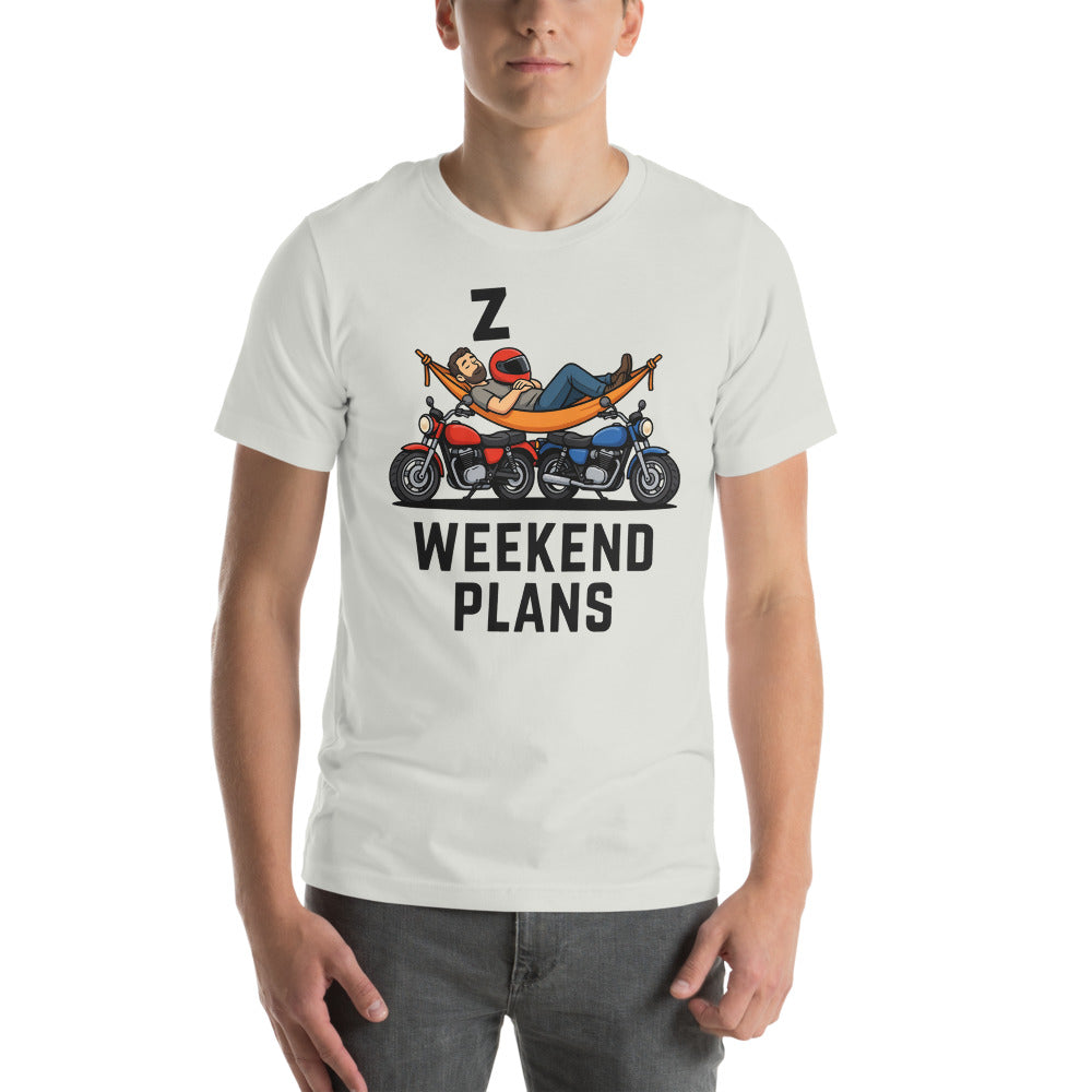Weekend Plans funny motorcycle dad tee — Silver, on model