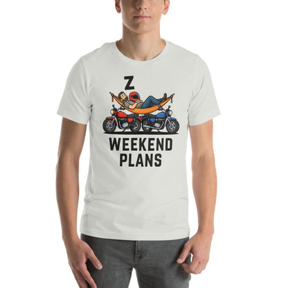 Weekend Plans funny motorcycle dad tee — Silver, on model