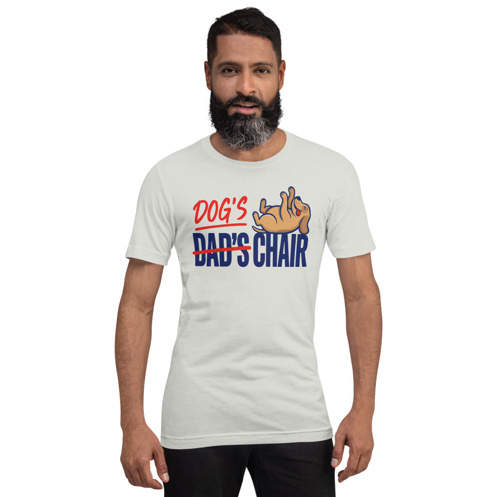 Dog's Chair funny dog dad tee — Silver, on model