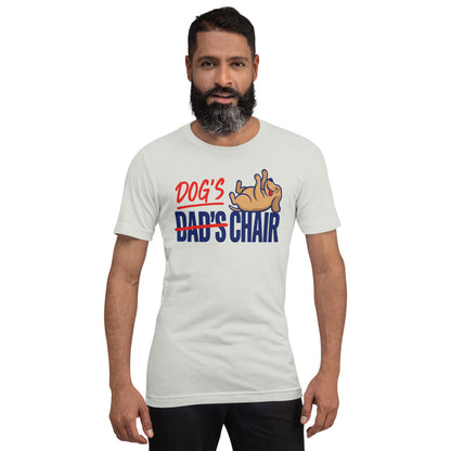 Dog's Chair funny dog dad tee — Silver, on model