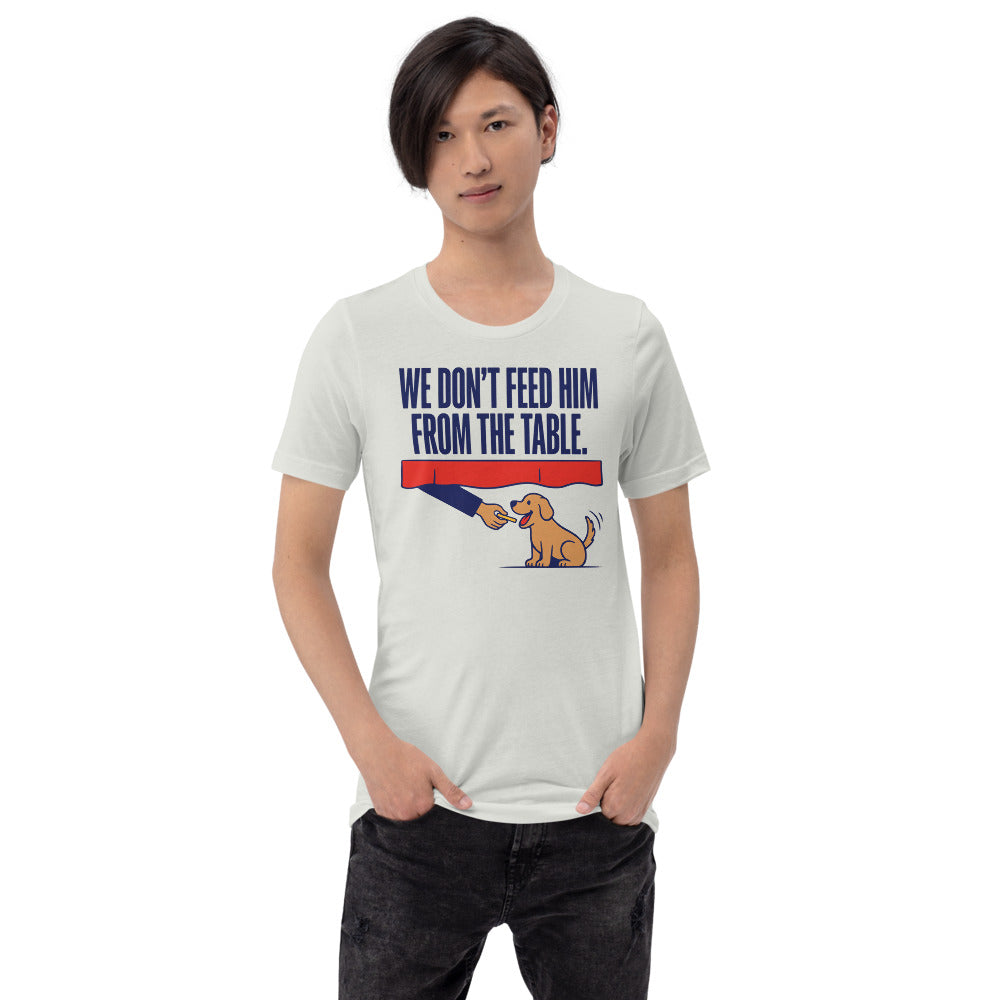 From The Table funny dog dad tee — Silver, on model