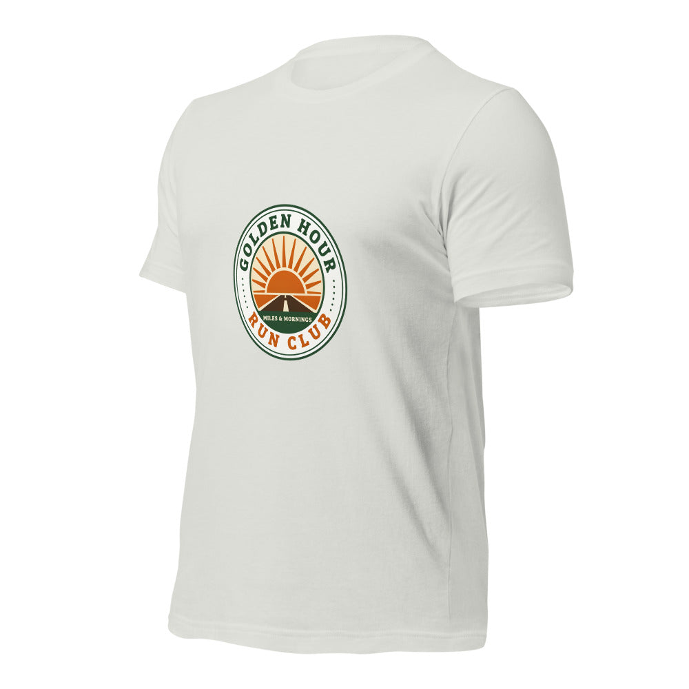 Golden Hour Run Club retro running tee — Silver, front-right