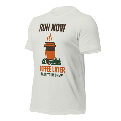 Run Now Coffee Later funny running tee — Silver, front-right