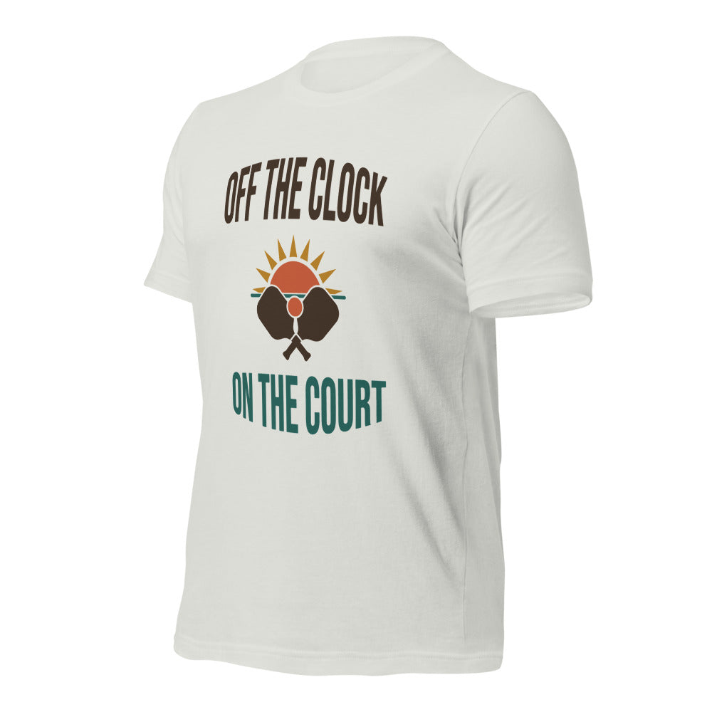 Off The Clock On The Court retro pickleball tee — Silver, side