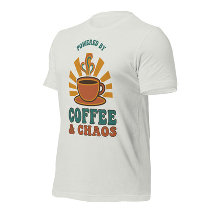 Powered By Coffee And Chaos retro groovy teacher tee — Silver, front right angle