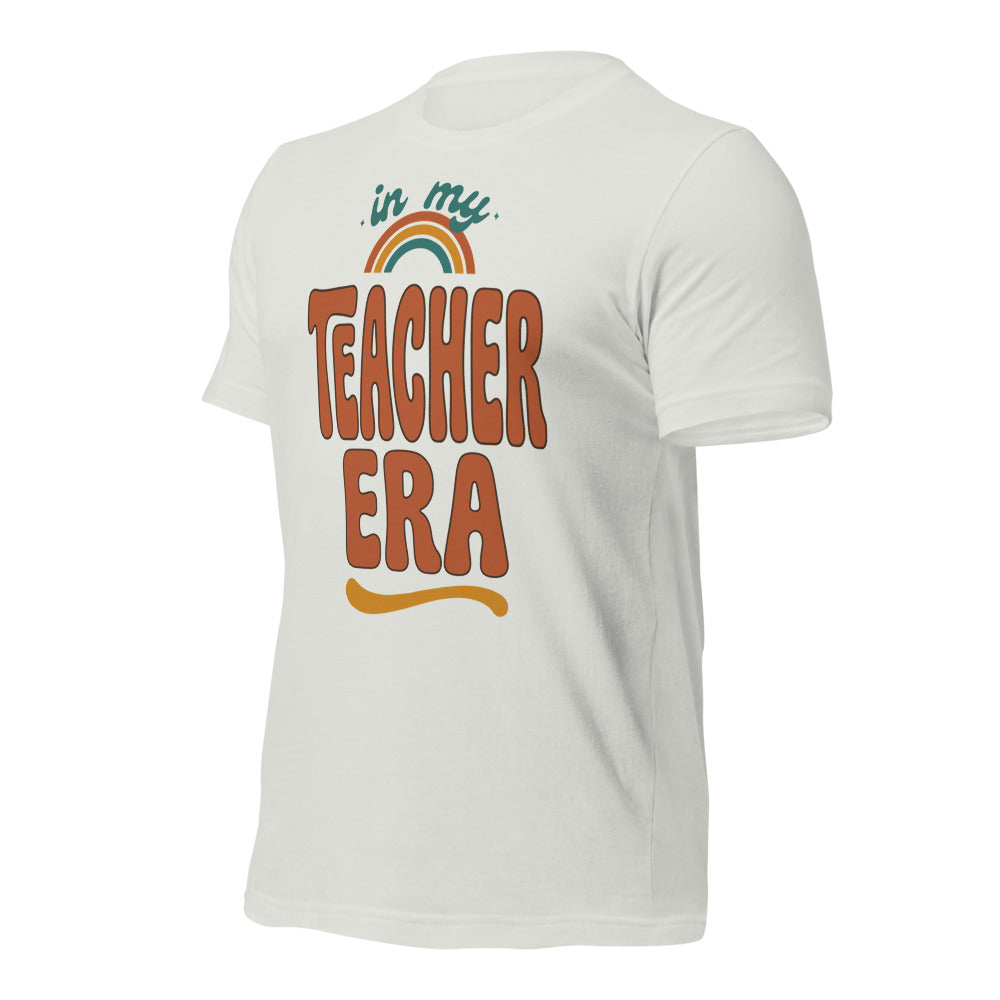 In My Teacher Era retro groovy teacher tee — Silver, front right