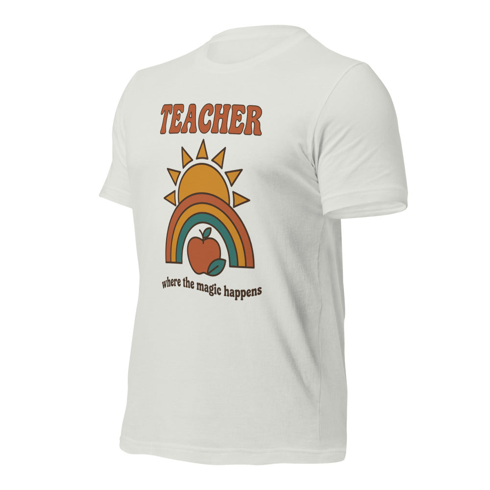Teacher Where The Magic Happens retro groovy teacher tee — Silver, front angle