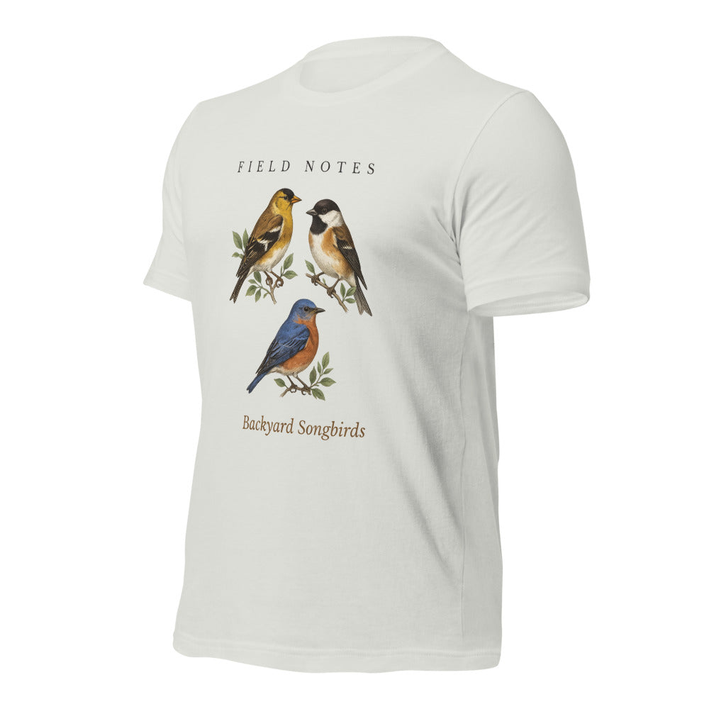 Backyard Songbirds vintage field-guide tee — Silver, front-right