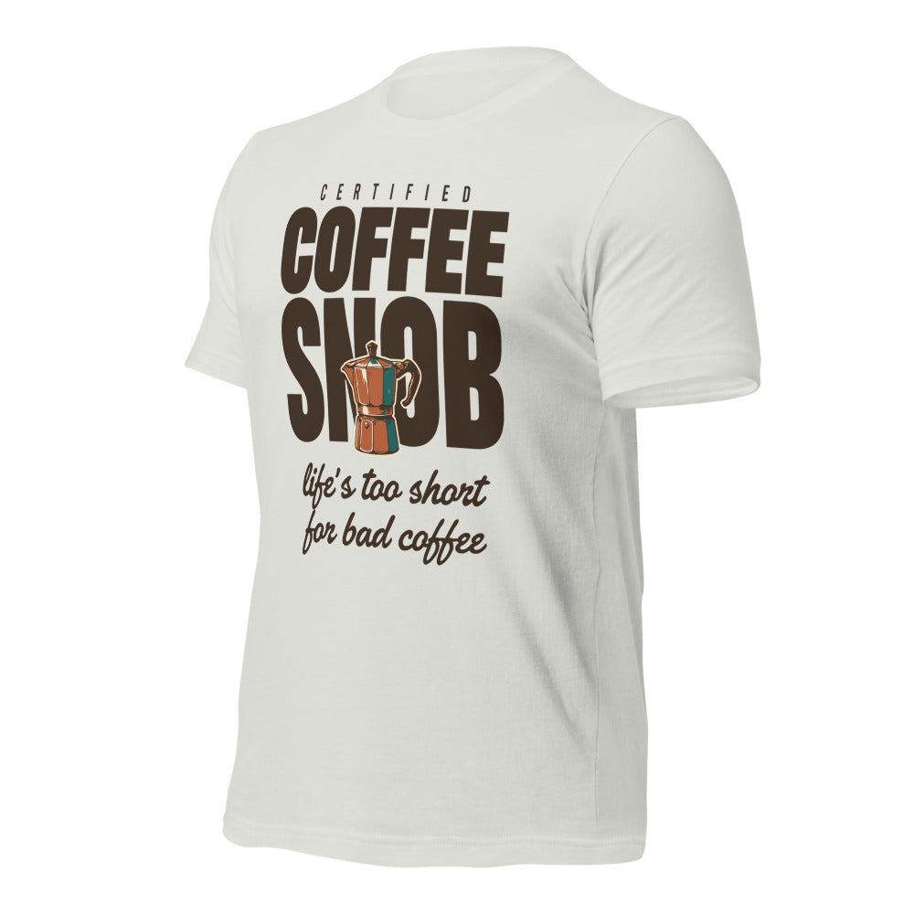 Certified Coffee Snob coffee tee — Silver, front-right