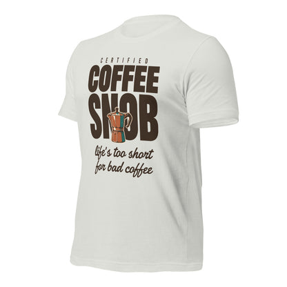 Certified Coffee Snob coffee tee — Silver, front-right