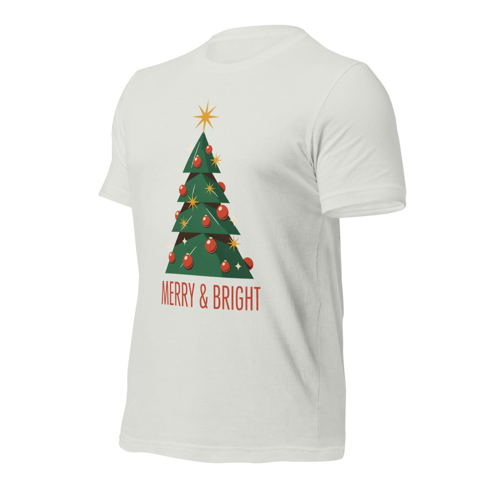 Atomic mid-century retro Christmas tree tee — Silver, front-right