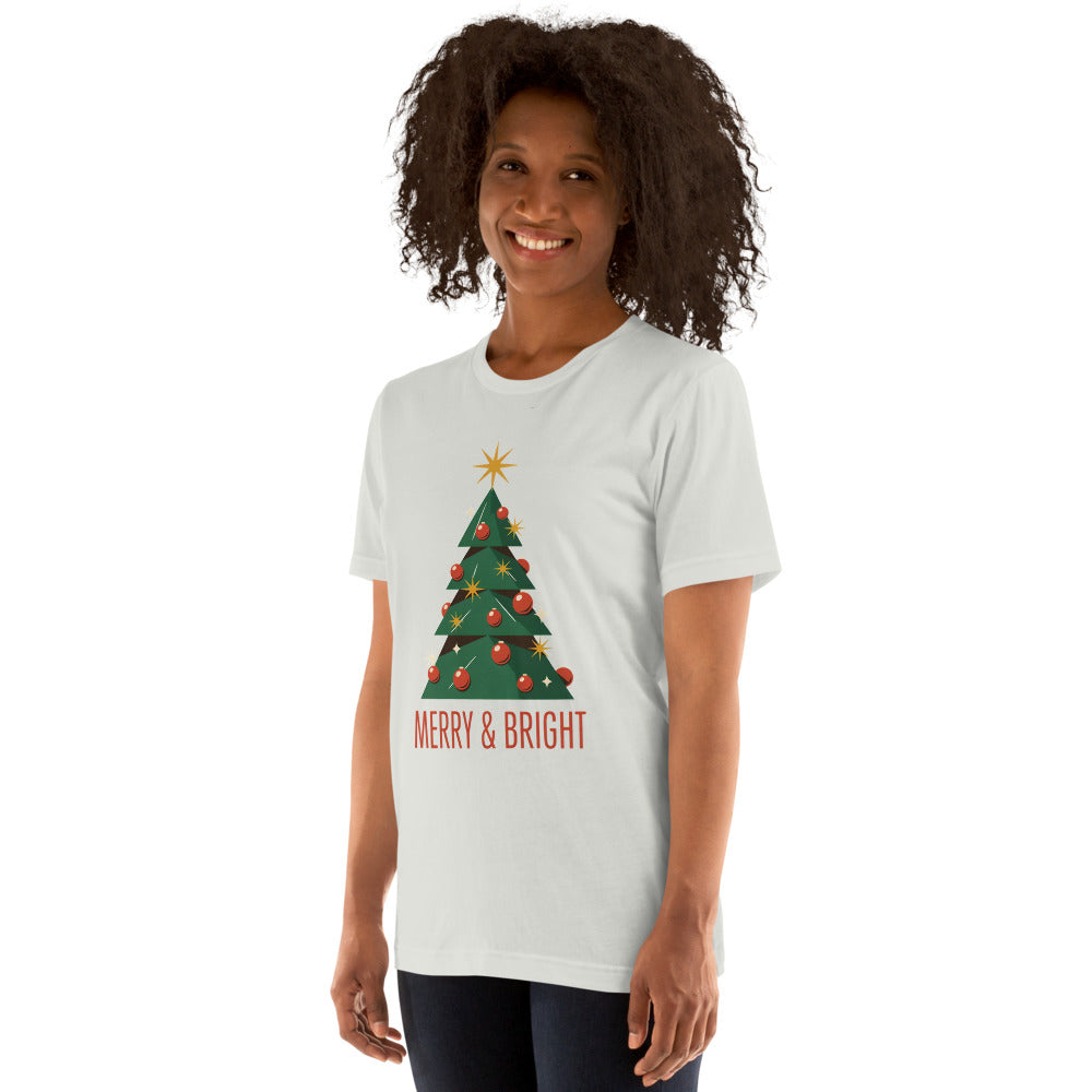 Atomic mid-century retro Christmas tree tee — Silver, on model