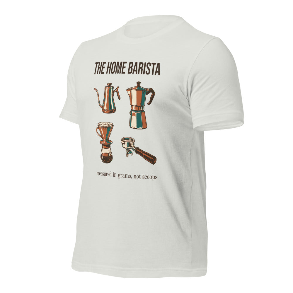 The Home Barista specialty coffee tee — Silver, front-right