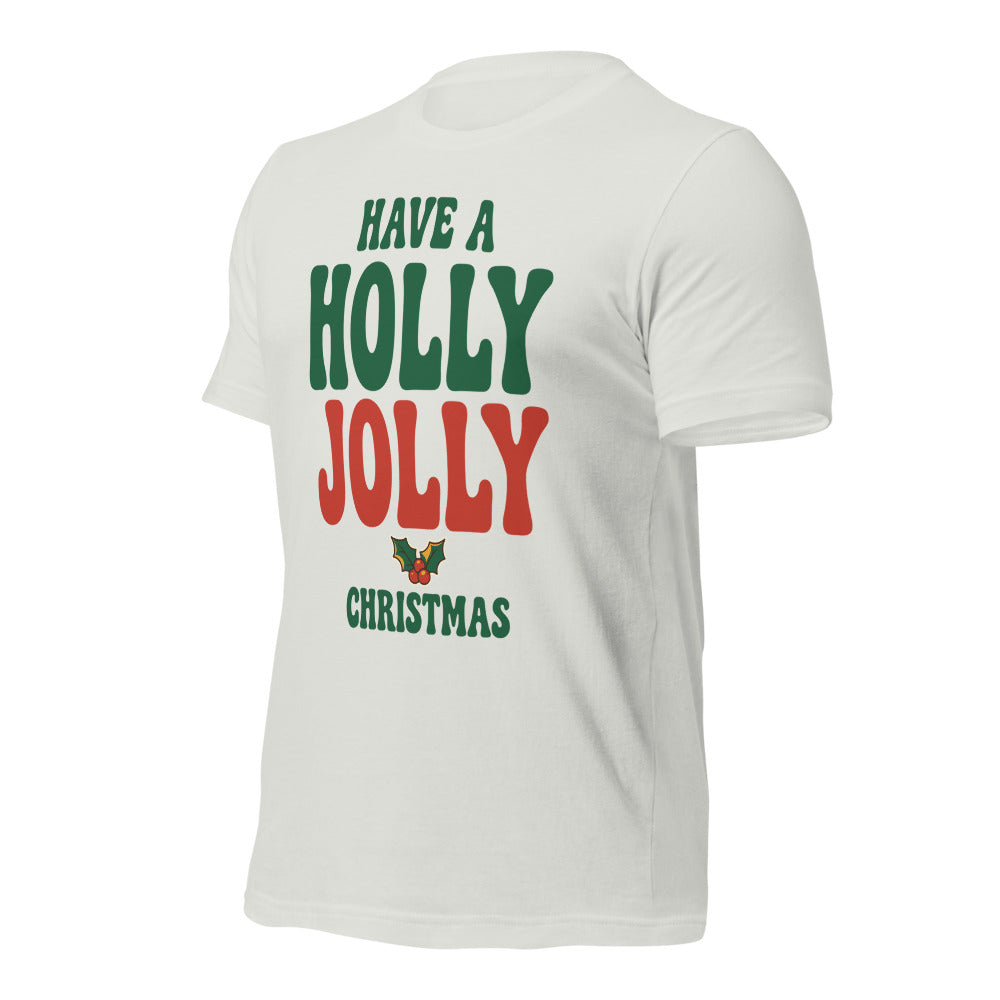 Groovy Holly Jolly retro Christmas tee — Silver, front-right