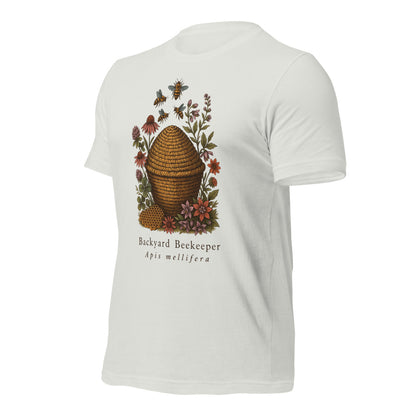 Backyard Beekeeper field-guide bee tee — Silver, front-right
