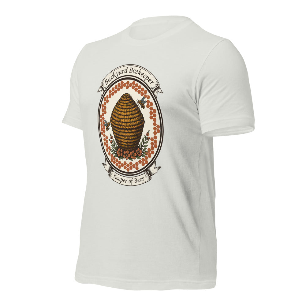 Backyard Beekeeper Keeper of Bees vintage apiary crest tee — Silver, front-right