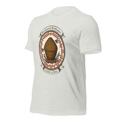 Backyard Beekeeper Keeper of Bees vintage apiary crest tee — Silver, front-right